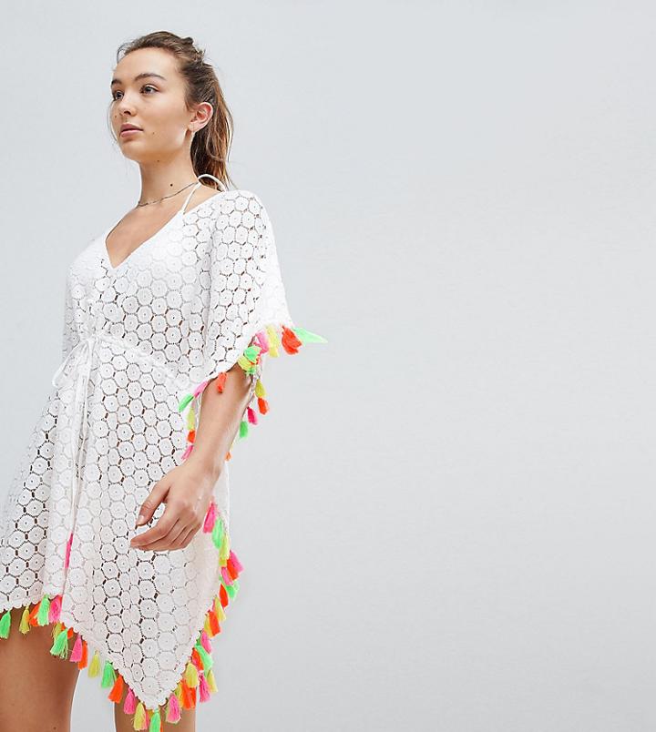 Akasa Multi Colored Tassel Beach Caftan - White