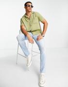 River Island Short Sleeve One Pocket Revere Shirt In Khaki-green