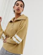 Neon Rose Relaxed Sweater With Half Zip And Stripe Sleeves-brown