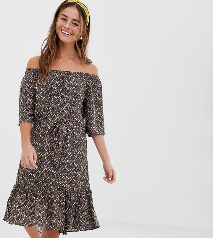 Jdy Ditsy Floral Tie Waist Bardot Mini Dress