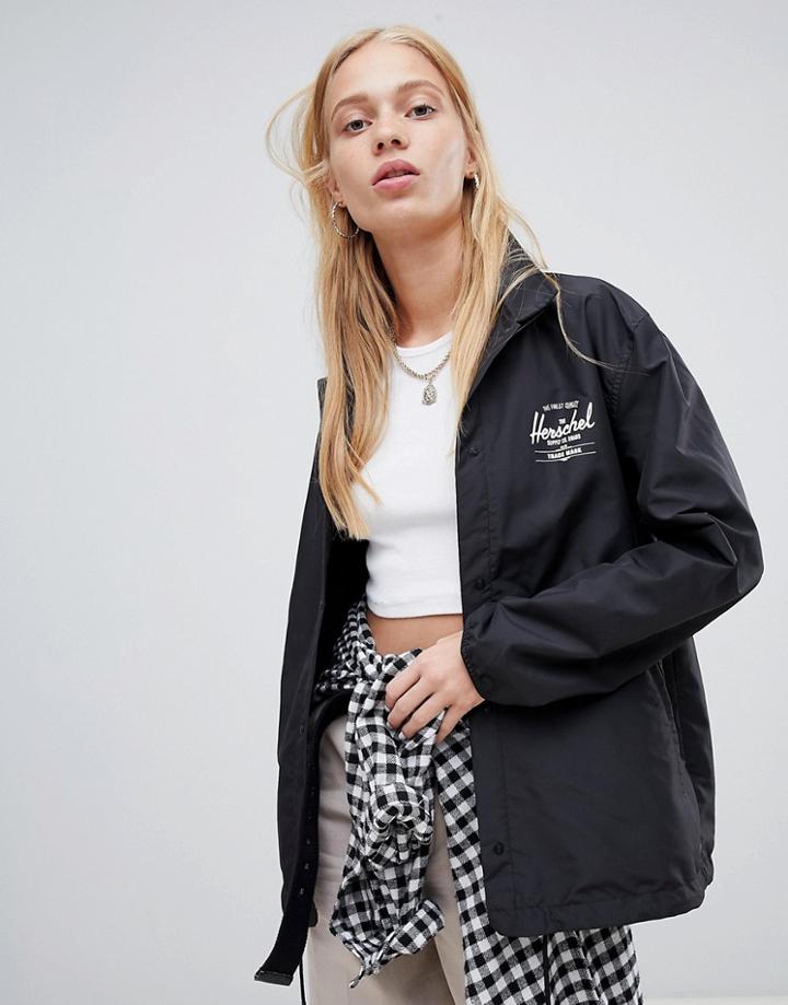 Herschel Voyage Packable Coach Jacket Back Logo Print In Black - Black