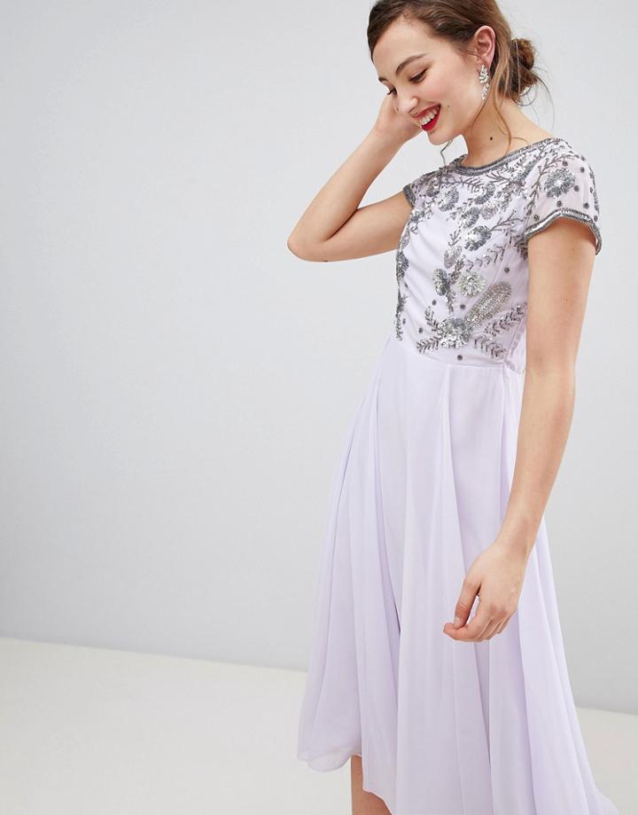 Frock & Frill Capped Sleeve Midi Dress With Embellished Detail - Purple