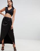 Asos Design Satin Wrap Maxi Skirt - Black