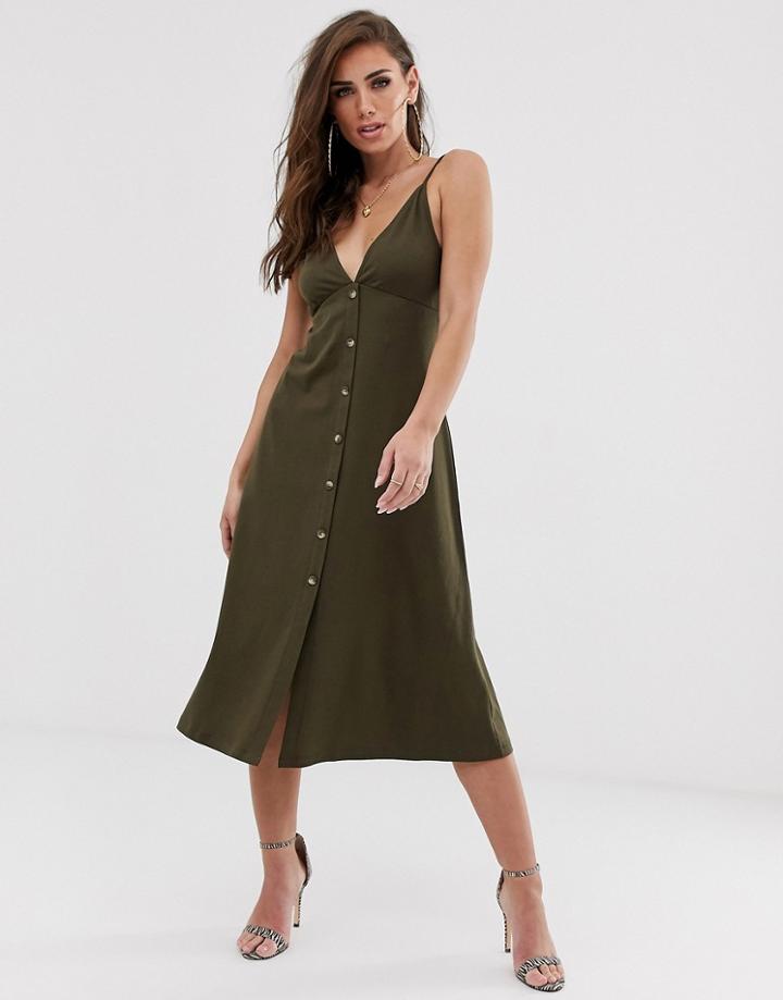 Asos Design Midi Cami Smock Dress With Buttons - Green