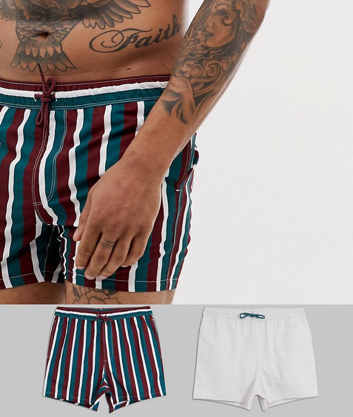 Asos Design Swim Shorts In Short Length Stripes & Off-white 2 Pack Multipack Saving - Multi