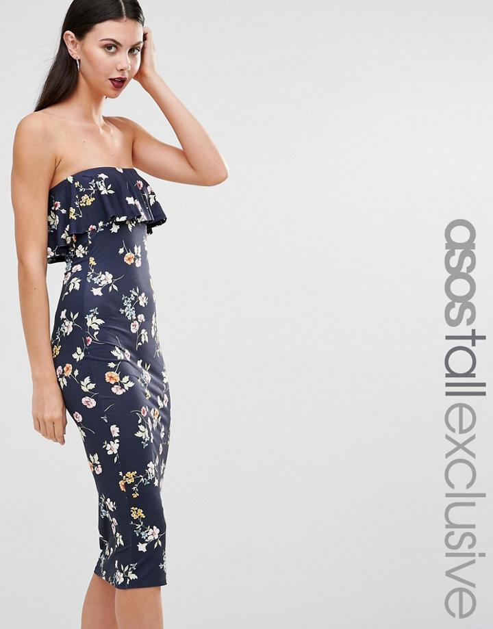 Asos Tall Ruffle Print Bandeau In Navy Floral - Navy