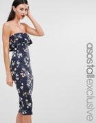 Asos Tall Ruffle Print Bandeau In Navy Floral - Navy