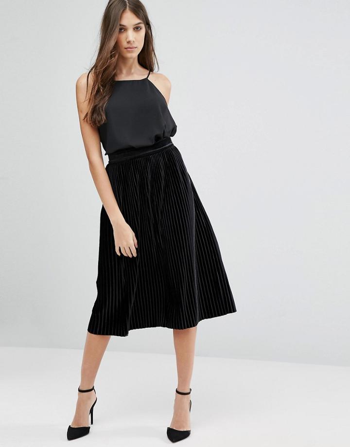 Vila Midi Pleated Velvet Skirt - Black