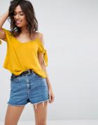 Asos Cold Shoulder Cami In Crinkle With Tie Sleeve - Yellow