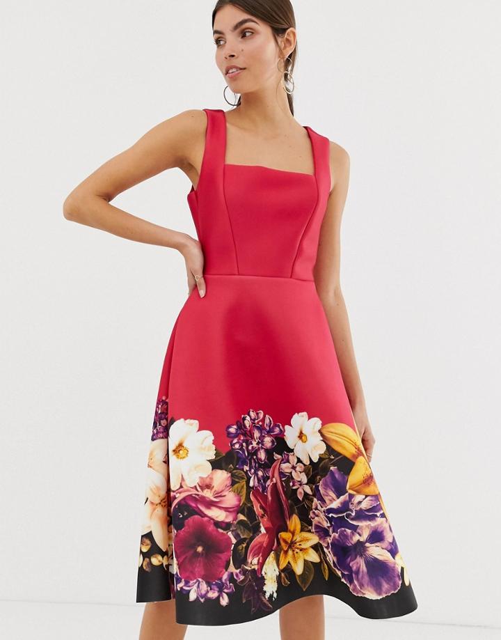 City Goddess Square Neck Skater Midi Dress With Border Print