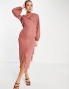 Asos Design Wrap Front Midi Dress With Long Sleeve In Pink-red