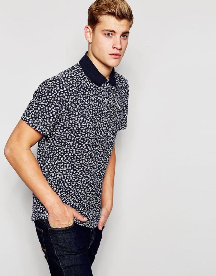 Native Youth Fallen Flower Print Polo Shirt - Navy