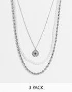 Asos Design 3 Pack Layered Necklace With Faux Pearl And Circle Pendant In Silver Tone
