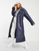 Asos Design Faux Leather Oversized Trench In Navy-black