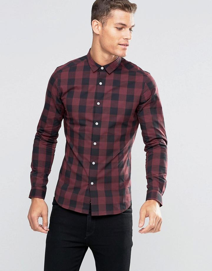 Asos Skinny Shirt In Burgundy Buffalo Plaid - Red