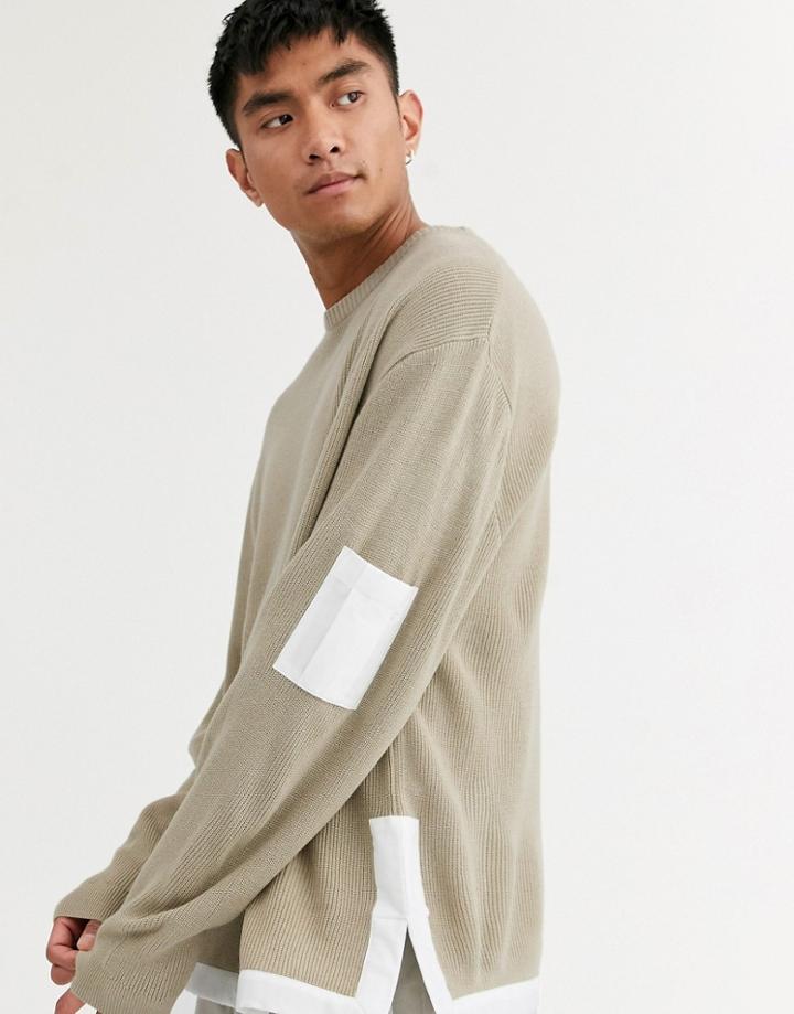 Asos Design Knitted Ribbed Sweater With Woven Panels In Oatmeal-beige