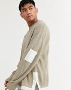 Asos Design Knitted Ribbed Sweater With Woven Panels In Oatmeal-beige