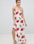 Prettylittlething Floral Side Split Maxi Dress - White
