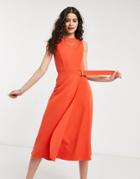 Oasis Buckle Detail Midi Dress In Bright Orange