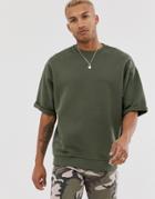 Asos Design Oversized Sweatshirt With Raw Sleeve In Khaki-green