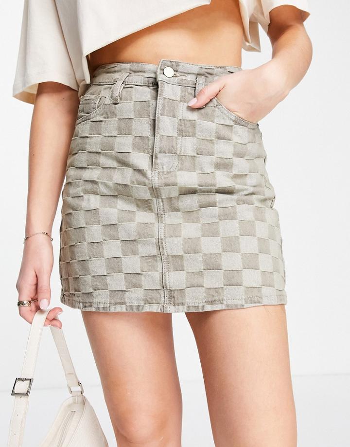 Urban Revivo Denim Mini Skirt In Beige Plaid-neutral