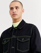 Asos Design Denim Jacket In Indigo With Neon Stitch-blue