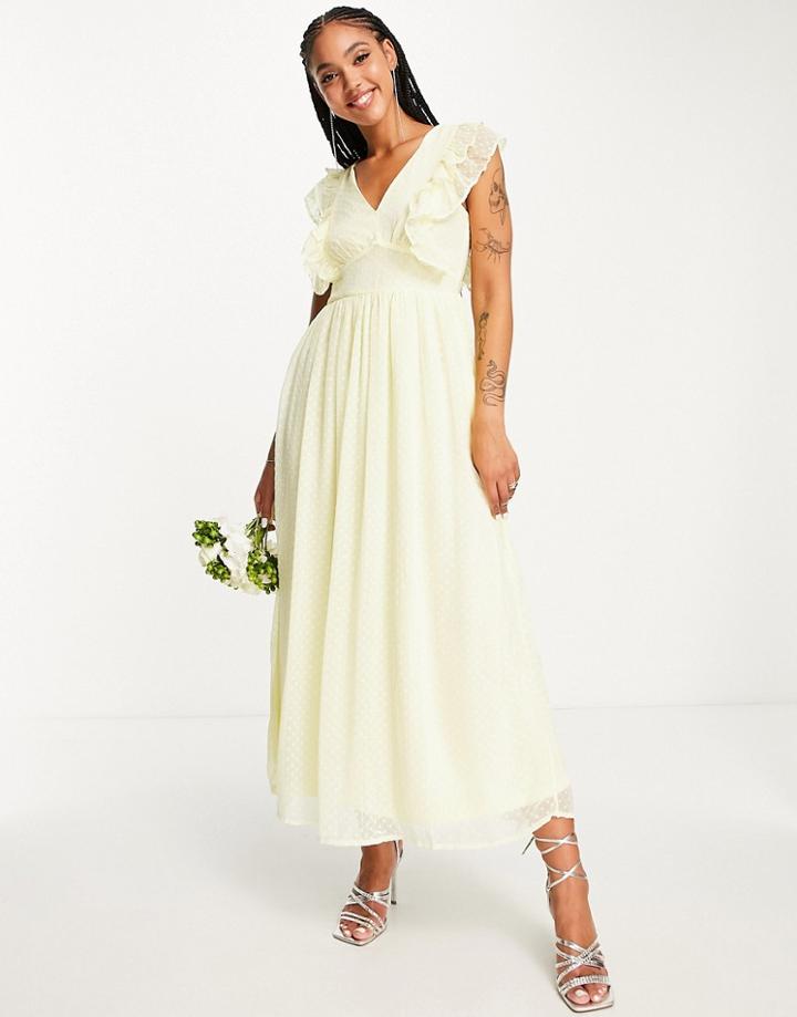 Vila Bridesmaid Recycled Midi Dress With Frill Detail In Textured Yellow