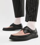 Asos Design Monk Creeper Shoes In Black Faux Leather With Pink Contrast Panel - Black