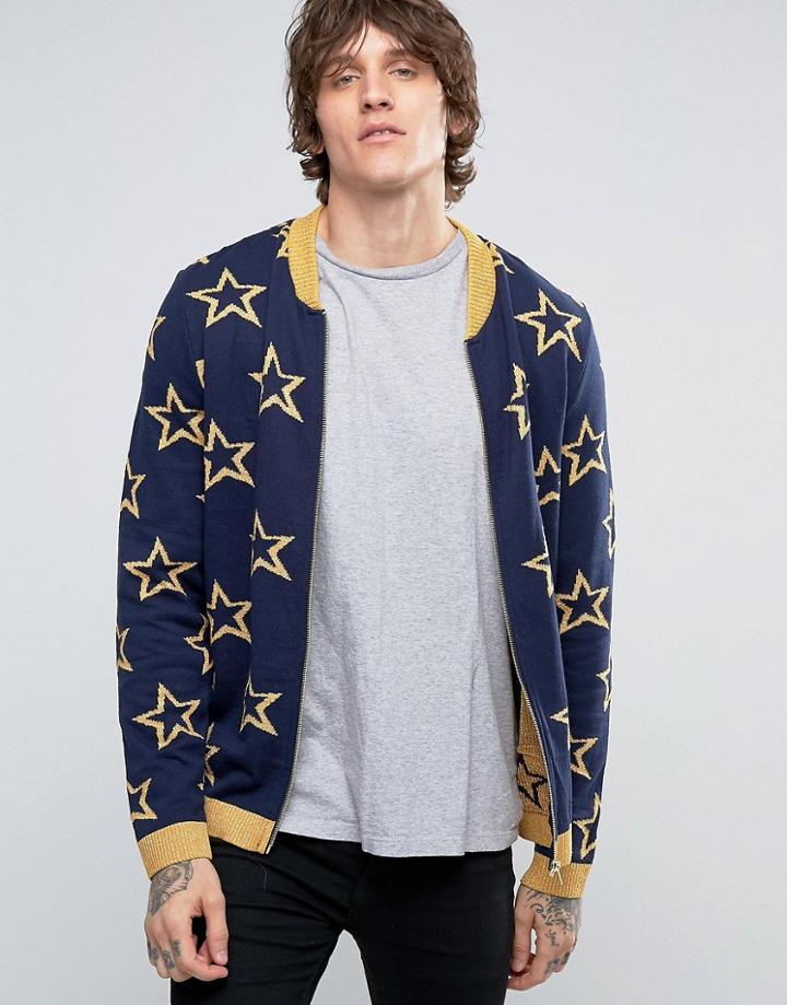 Asos Knitted Bomber With All Over Metallic Stars - Navy