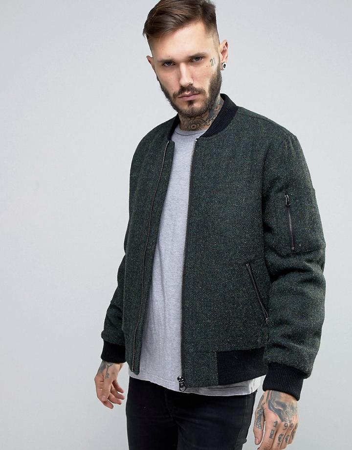 Asos Harris Tweed Bomber Jacket In Khaki Melange - Green