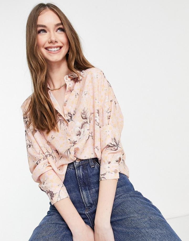 Asos Design Long Sleeve Shirt In Pink Floral Print