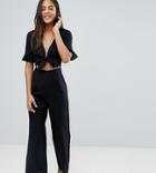 Asos Design Tall Tea Jumpsuit With Cut Out And Tie Detail In Linen - Black