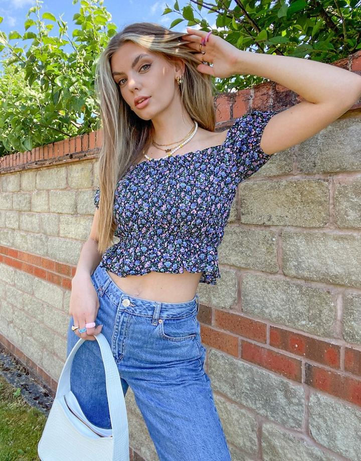 Topshop Floral Print Ruched Top In Violet-purple