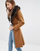 Brave Soul Wool Mix Longline Coat With Oversized Faux Fur Collar - Tan