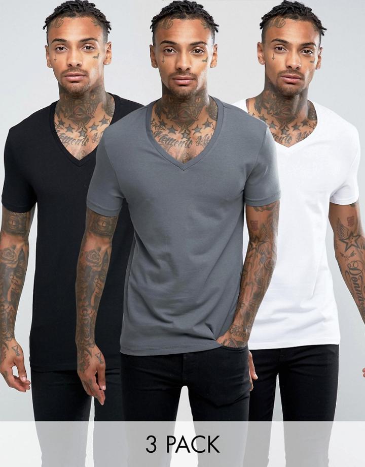 Asos 3 Pack Muscle Fit T-shirt In White/black/gray With V Neck Save - Multi