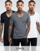 Asos 3 Pack Muscle Fit T-shirt In White/black/gray With V Neck Save - Multi