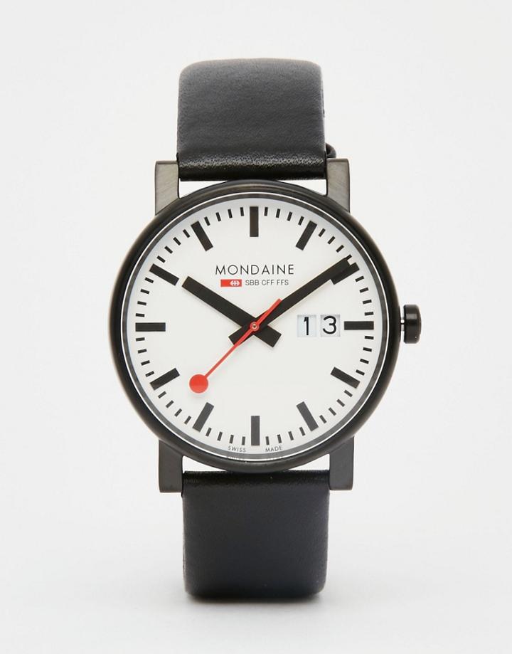 Mondaine Leather Black Watch With Date 40mm - Black