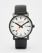 Mondaine Leather Black Watch With Date 40mm - Black