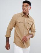 Pull & Bear Denim Western Style Shirt In Tan - Tan