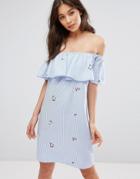 Rd & Koko Frill Overlay Bandeau Denim Dress With Floral Embroidery - Blue
