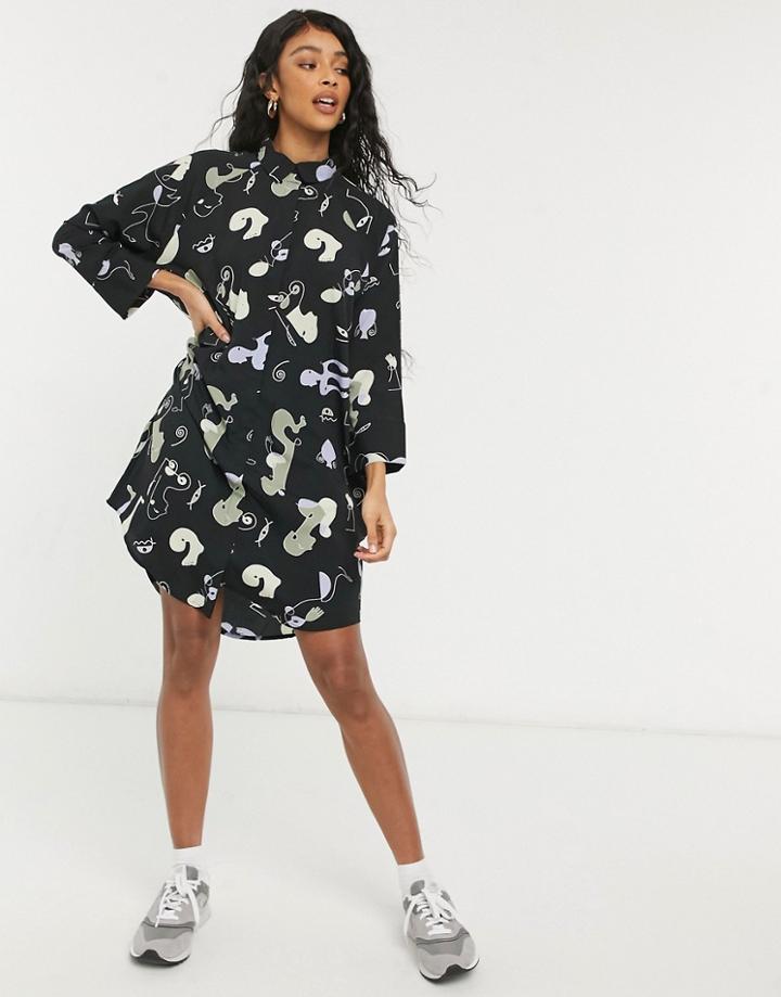 Monki Moa Recycled Abstract Print Mini Shirt Dress In Black
