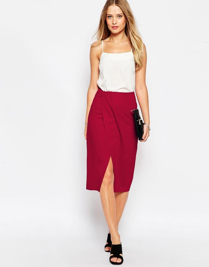 Asos Pencil Skirt With Wrap Front - Red