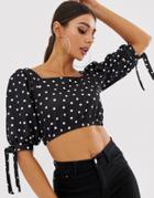 Asos Design Crop Square Neck Top With Tie Cuff In Polka Dot-black
