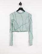 Weekday Sierra Recycled Long Sleeve Crop Top With Overlock Seams In Dusty Green-neutral