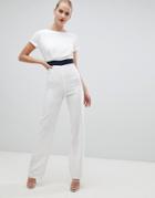 Vesper Wide Leg Jumpsuit With Contrast Waistband In White - White