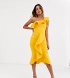 True Violet Exclusive One Shoulder Frill Bodycon Dress In Orchre-yellow