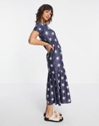 Urban Threads Tiered Midi Smock Dress In Navy Sun Print-blues