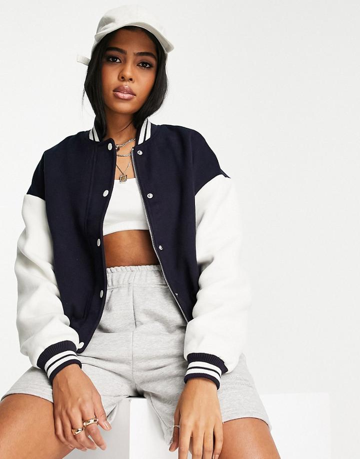 Urban Bliss Varsity Bomber Jacket In Navy-black