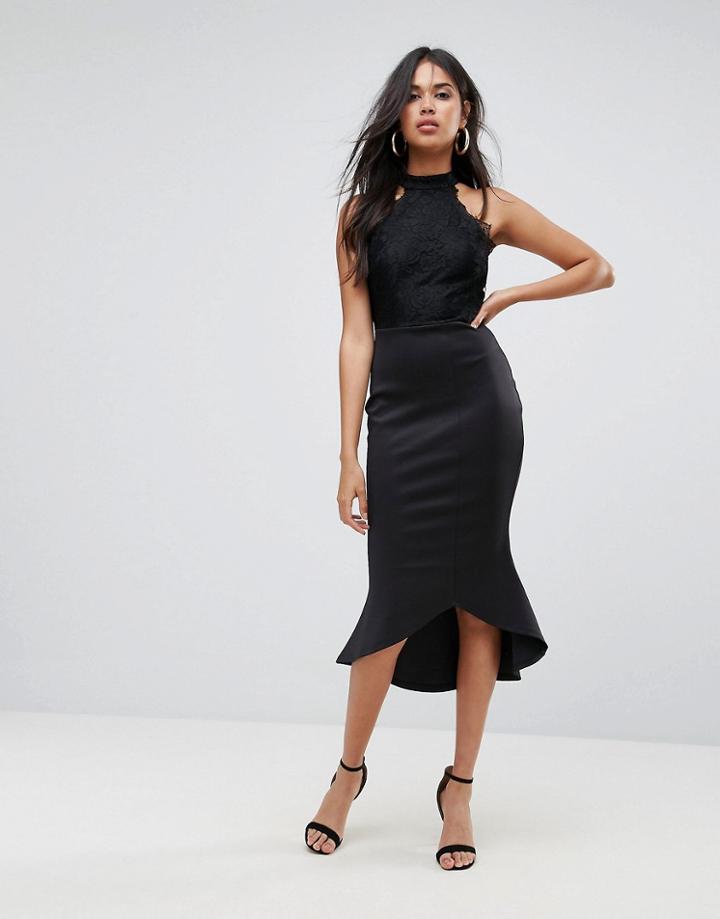 Ax Paris Lace Racer Neck Pephem Dress In Scuba - Black