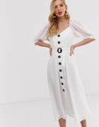 Asos Design Button Through Midi Dress With Puff Sleeves And Buckle Belt In Self Stripe - White